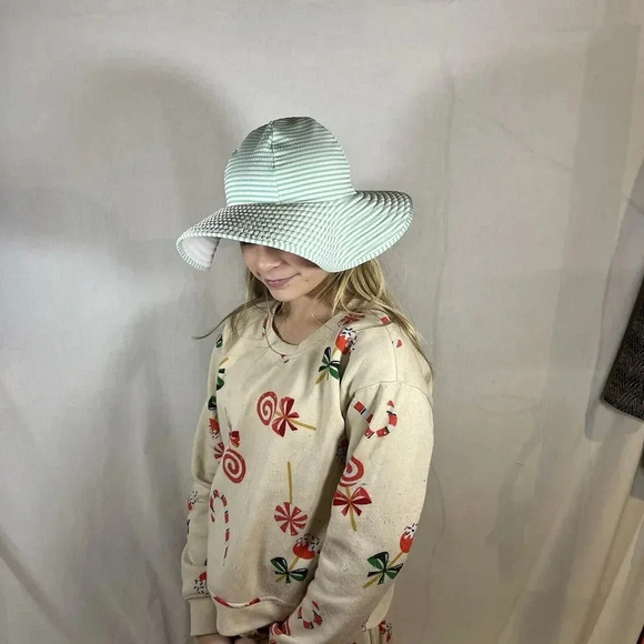 Mint Green & White Striped Wide Brim Sun Hat Beach Summer Protection Foldable - Picture 5 of 8